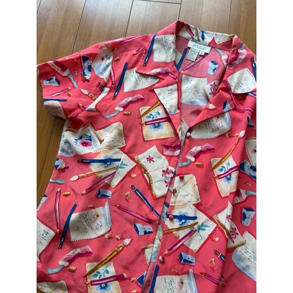 Lord & Taylor Vintage Salmon Pink Writer Artist Print Silk Blouse - Women's 10 M - Picture 2 of 5